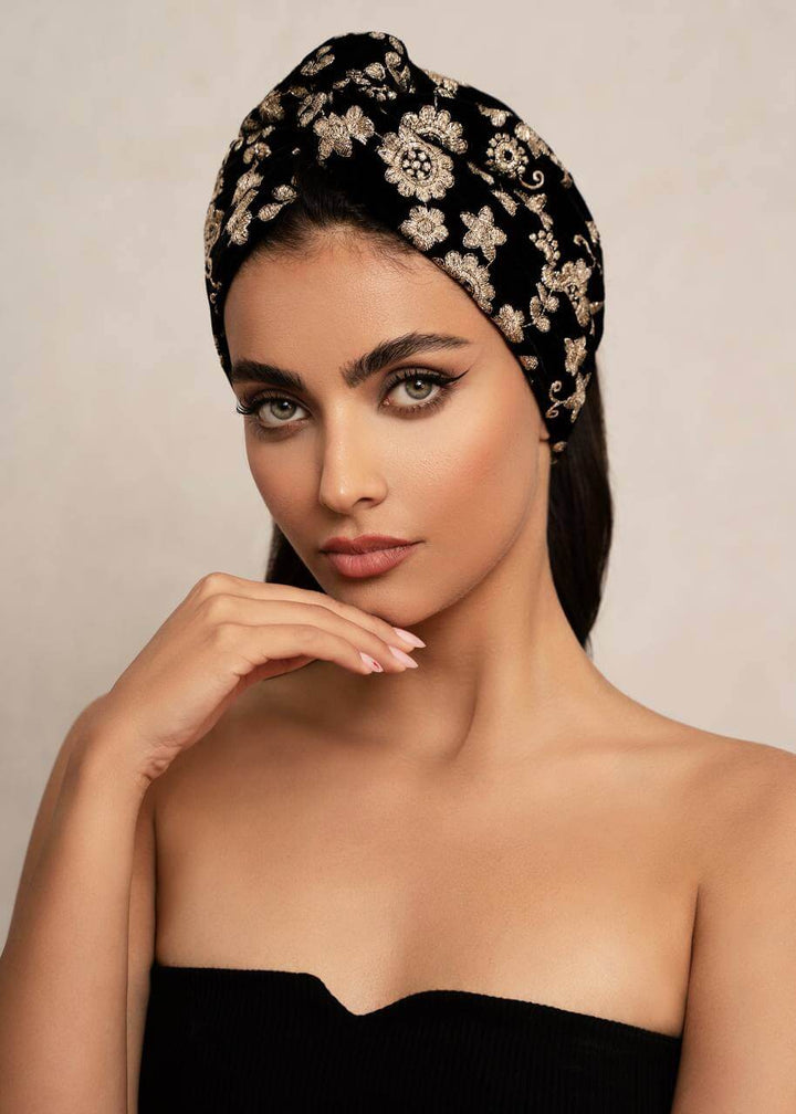 Brown embroidered velvet turban head wrap, Luvertta
