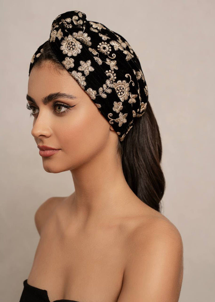 Black embroidered velvet turban head wrap, Luvertta