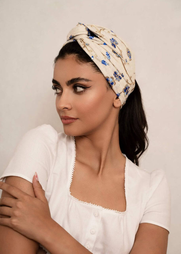 Beige embroidered cotton turban head wrap, Luvertta