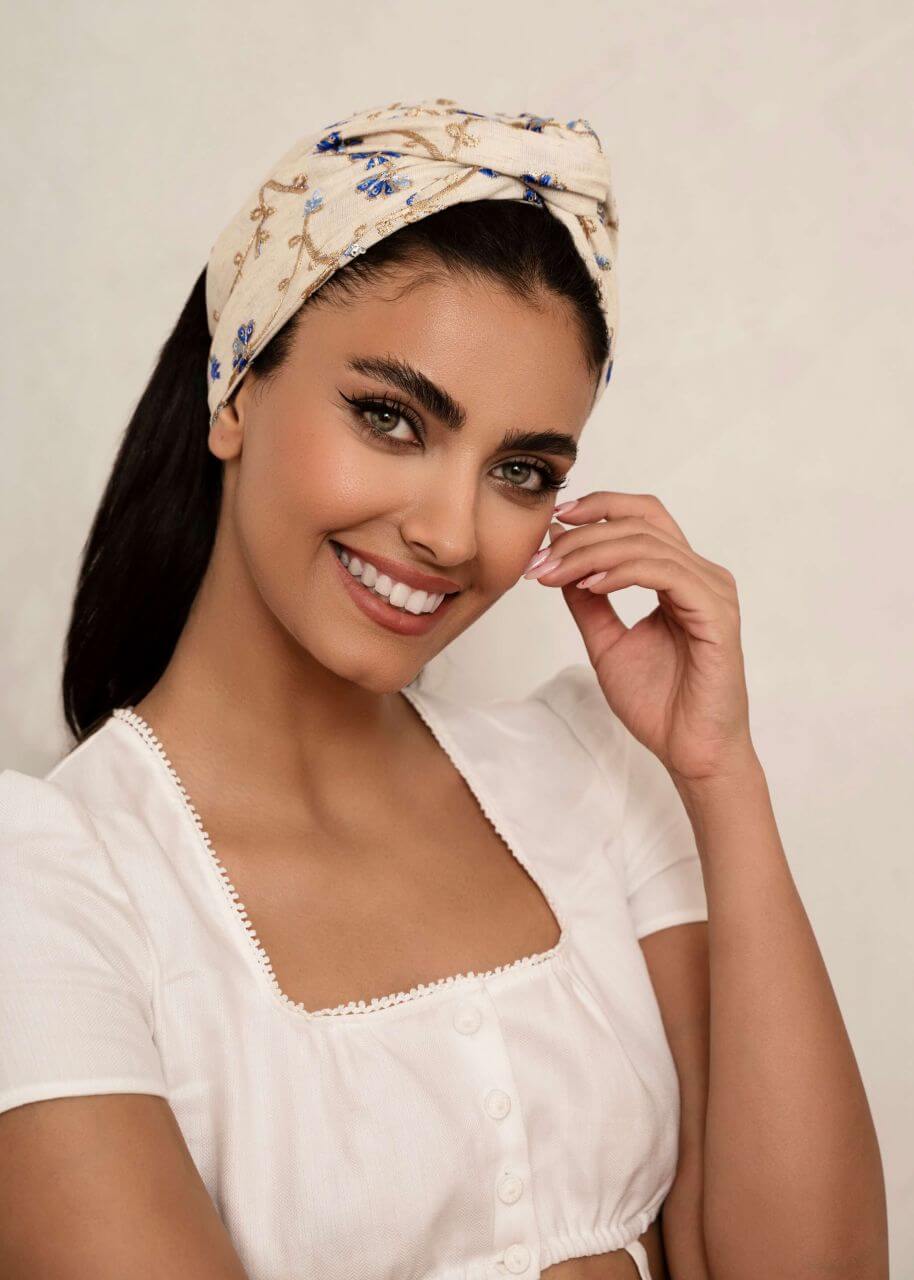 Beige embroidered cotton turban head wrap, Luvertta