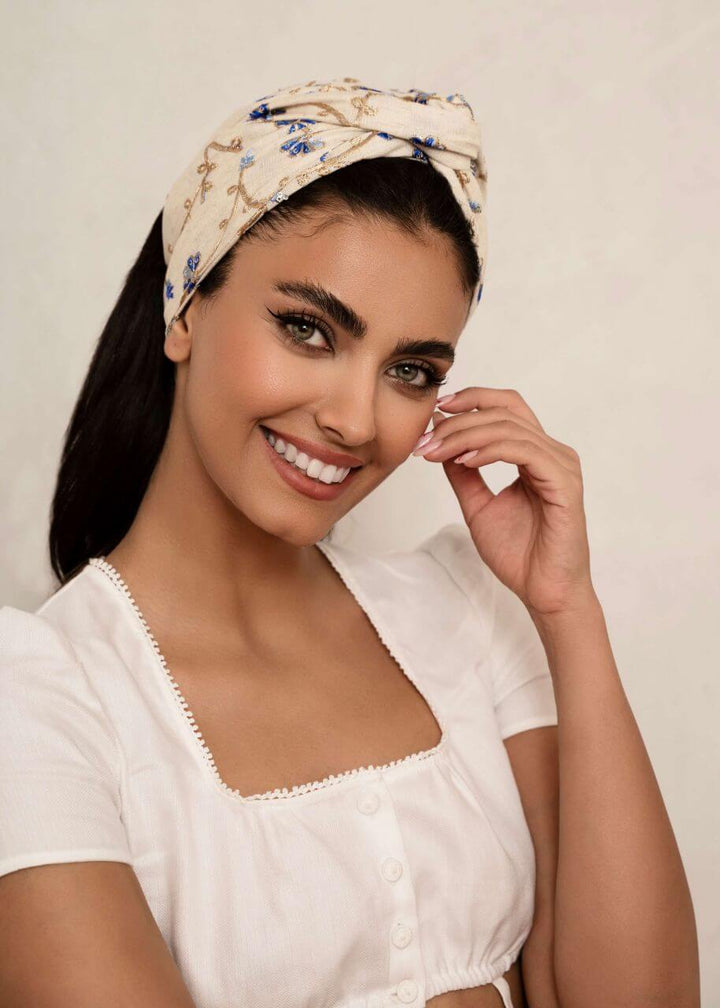 Beige embroidered cotton turban head wrap, Luvertta