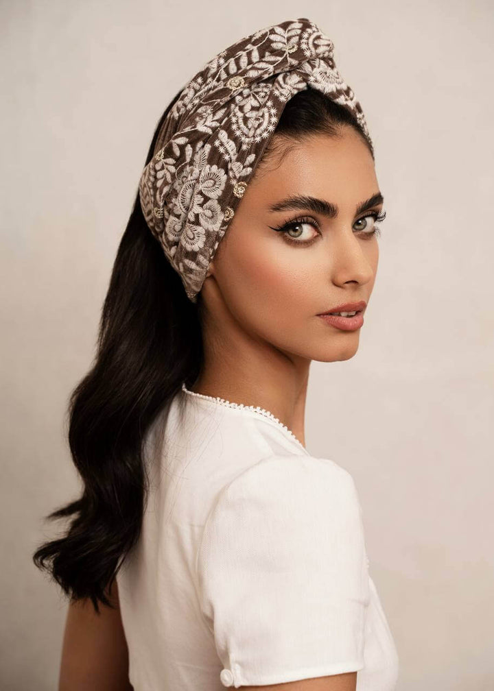 Black embroidered velvet turban head wrap, Luvertta