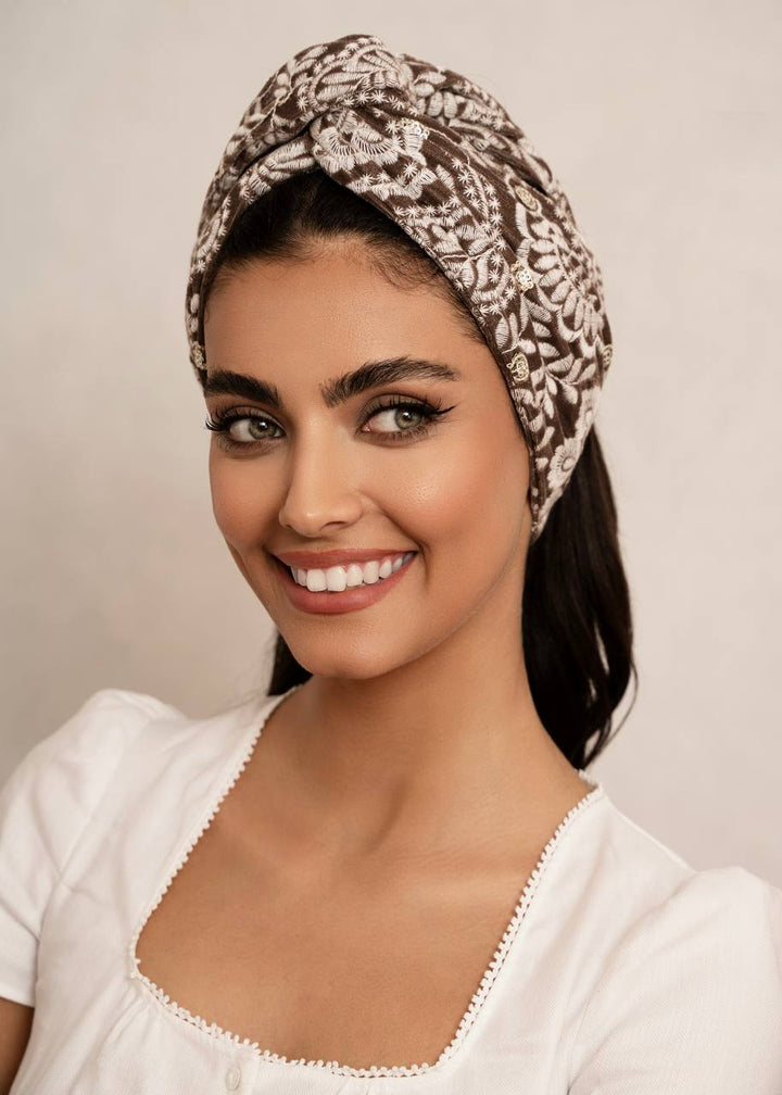 Brown embroidered velvet turban head wrap, Luvertta