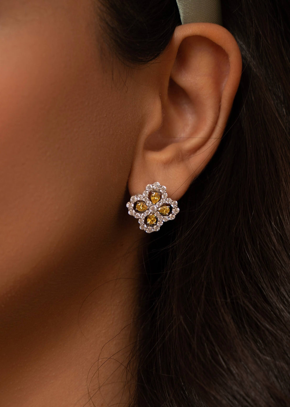 Dahlia floral earrings in yellow, hand-finished and hypoallergenic, Luvertta