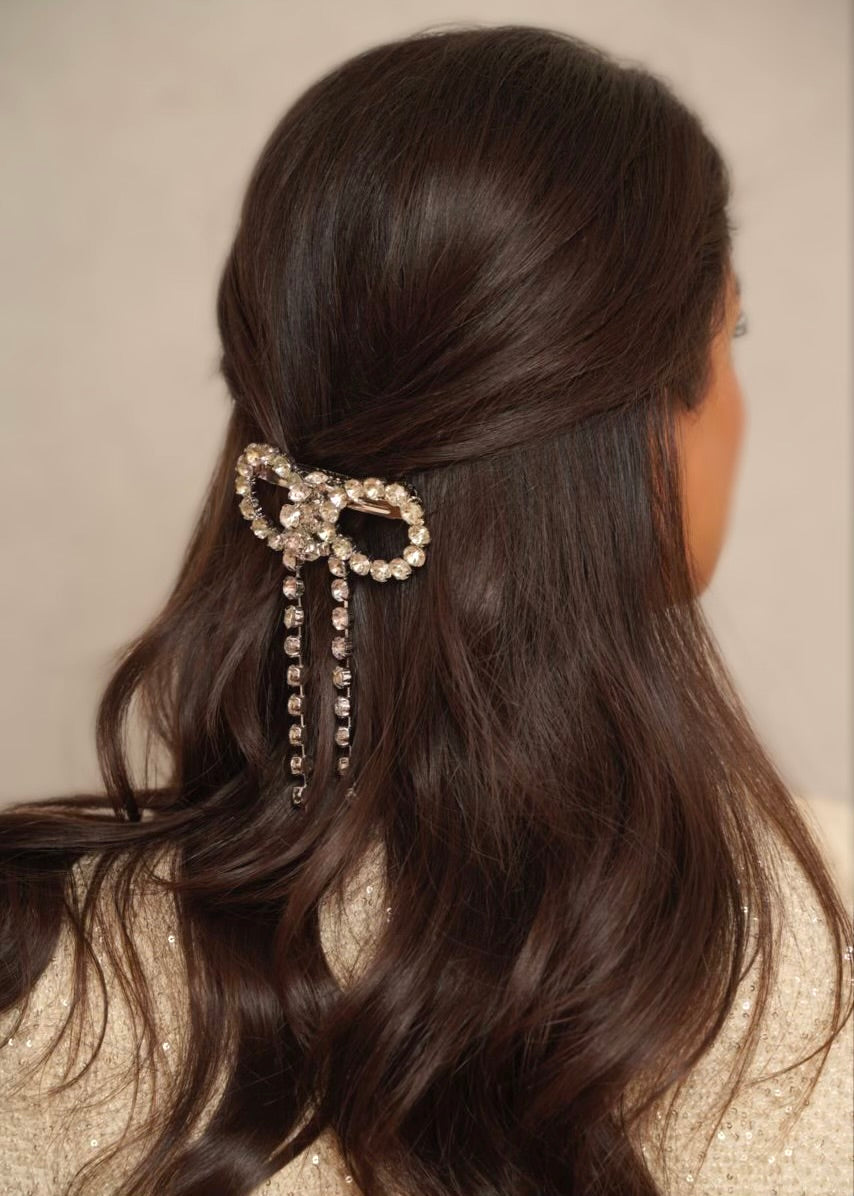 Crystal-set bow barrette, hand-placed crystals, Luvertta
