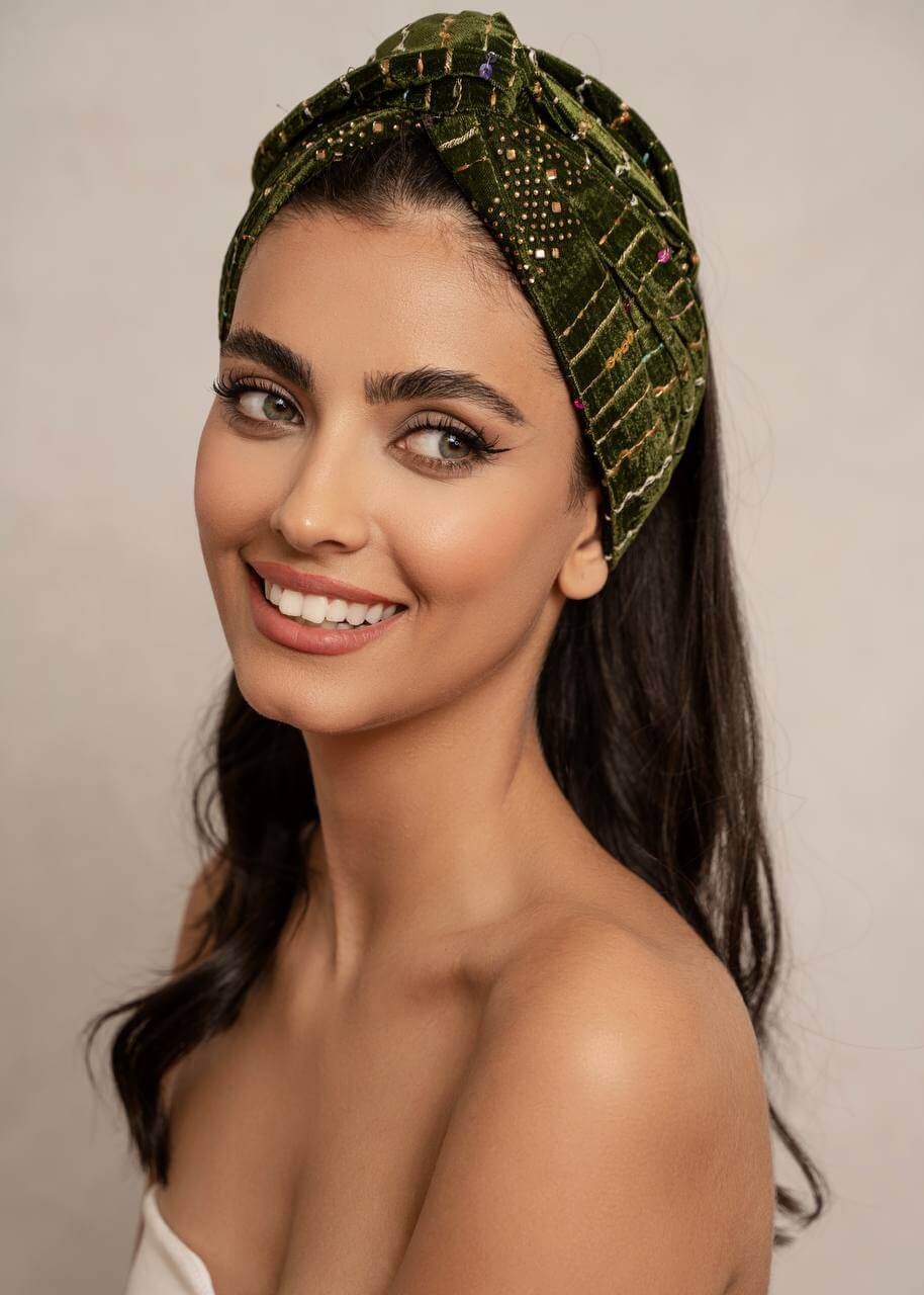Brown embroidered velvet turban head wrap, Luvertta