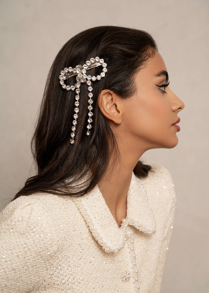 Crystal-set bow barrette, hand-placed crystals, Luvertta