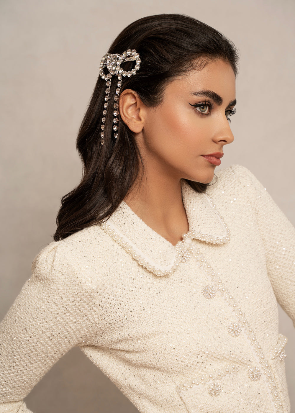 Crystal-set bow barrette, hand-placed crystals, Luvertta