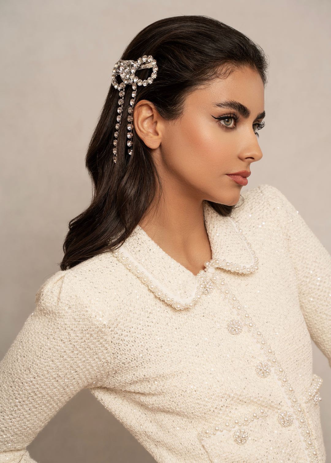 Crystal-set bow barrette, hand-placed crystals, Luvertta