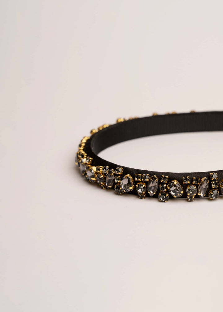 Lauren crystal bridal headband in cherry red, hand-stitched rhinestones on gold settings, Luvertta