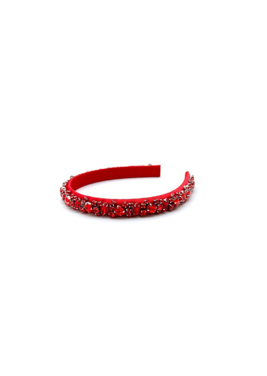 Lauren crystal bridal headband in cherry red, hand-stitched rhinestones on gold settings, Luvertta