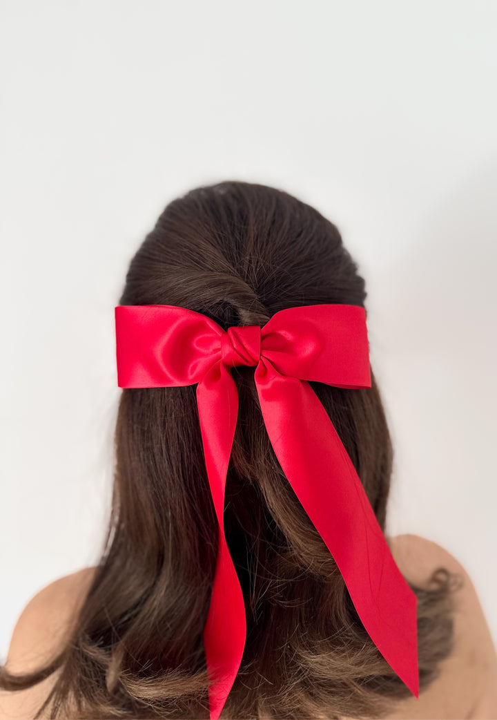 Charlotte hand-tied satin bow barrette in hot pink, Luvertta