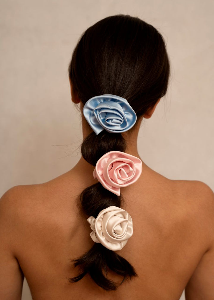 Baby blue rose-shaped satin scrunchie, Luvertta