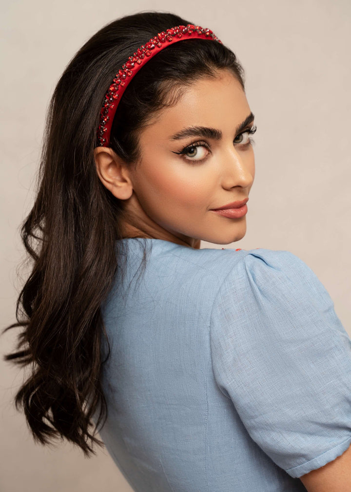 Lauren crystal bridal headband in cherry red, hand-stitched rhinestones on gold settings, Luvertta