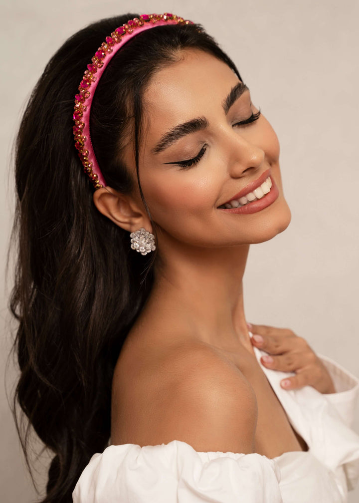 Lauren crystal bridal headband in hot pink, hand-stitched rhinestones on gold settings, Luvertta