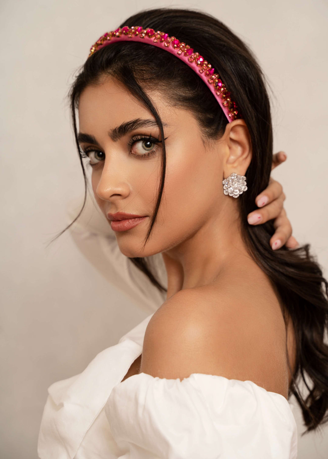 Lauren crystal bridal headband in hot pink, hand-stitched rhinestones on gold settings, Luvertta