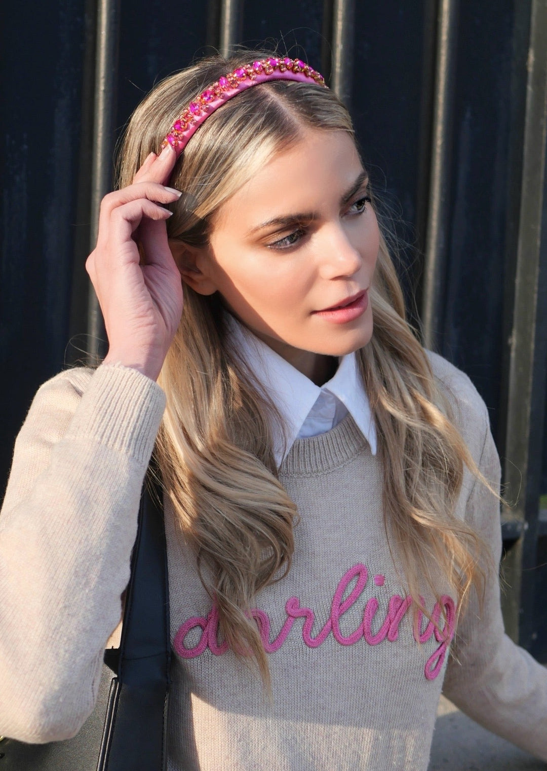 Lauren crystal bridal headband in hot pink, hand-stitched rhinestones on gold settings, Luvertta