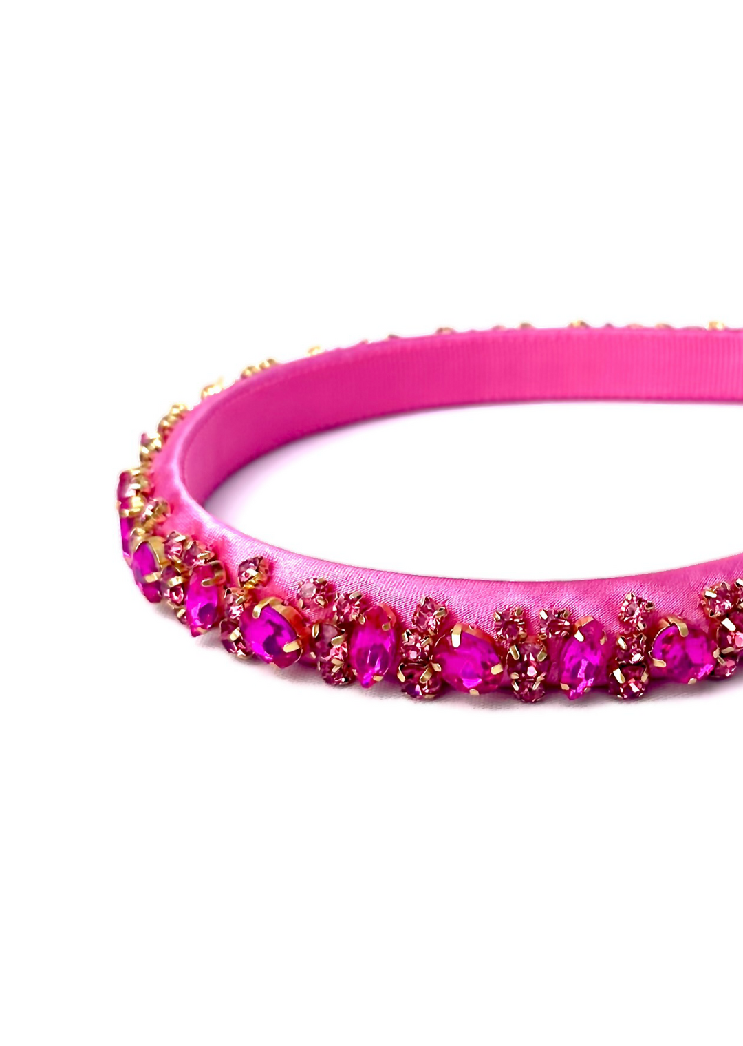 Lauren crystal bridal headband in hot pink, hand-stitched rhinestones on gold settings, Luvertta