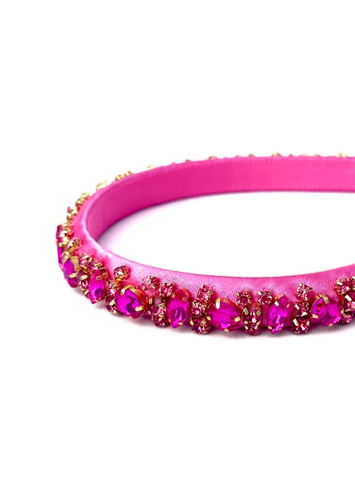 Lauren crystal bridal headband in hot pink, hand-stitched rhinestones on gold settings, Luvertta