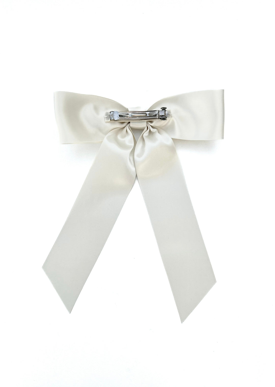 Charlotte hand-tied satin bow barrette in white, Luvertta