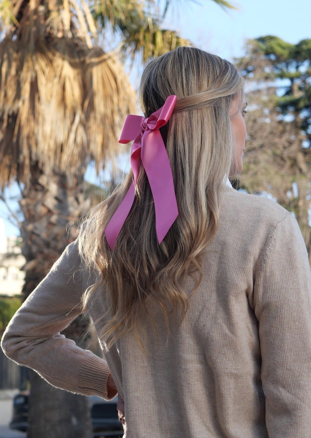 Charlotte hand-tied satin bow barrette in hot pink, Luvertta