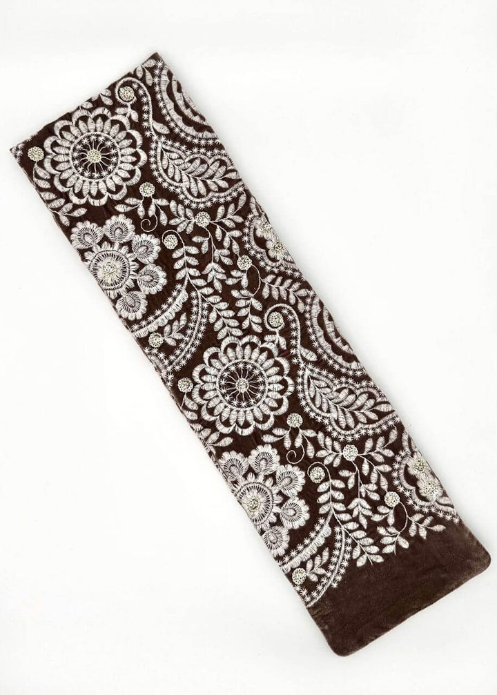 Brown embroidered velvet turban head wrap, Luvertta