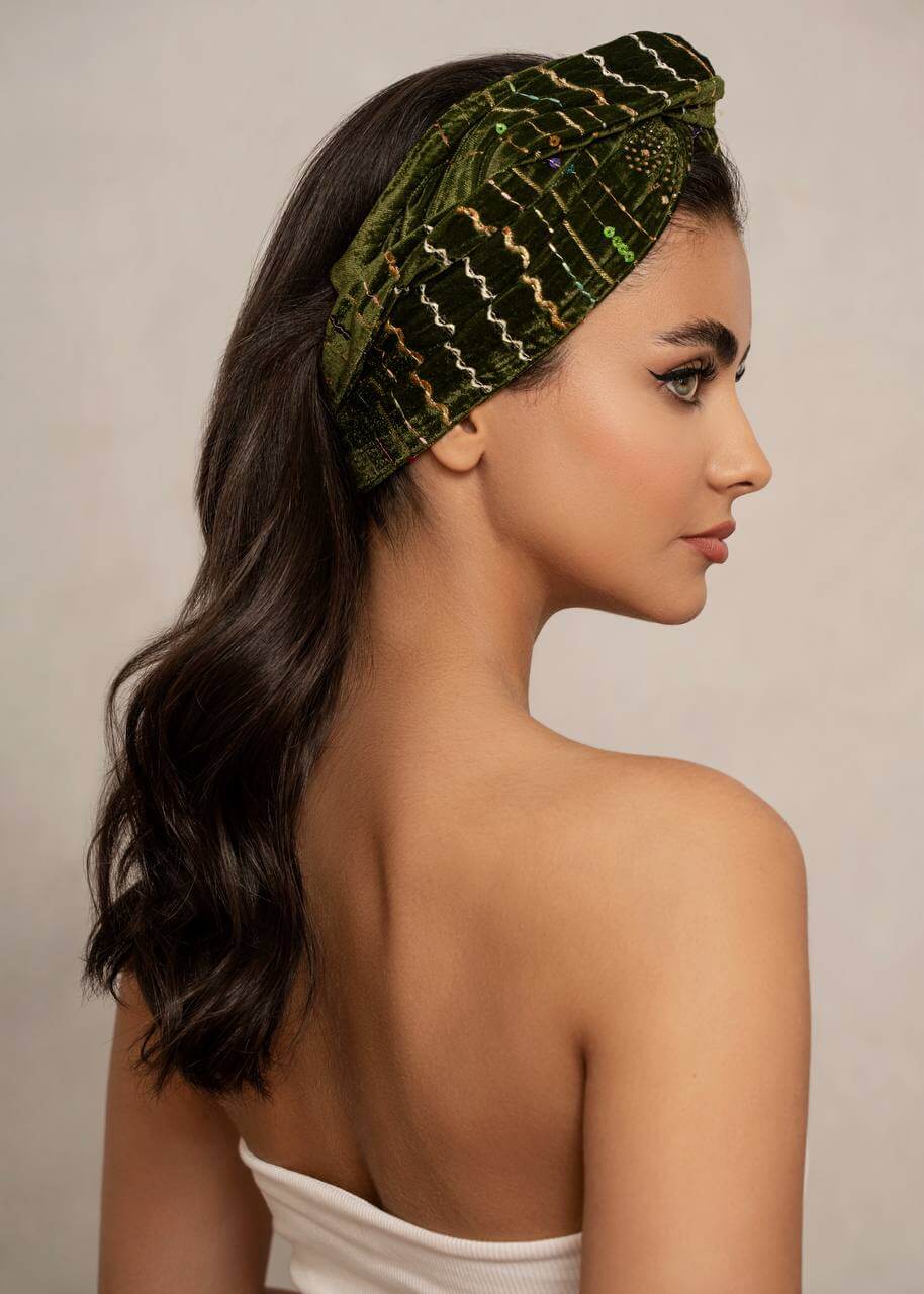 Black embroidered velvet turban head wrap, Luvertta