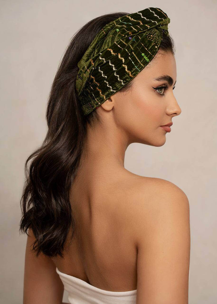 Black embroidered velvet turban head wrap, Luvertta