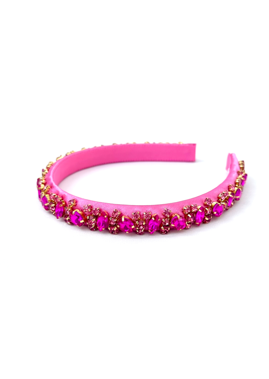 Lauren crystal bridal headband in hot pink, hand-stitched rhinestones on gold settings, Luvertta