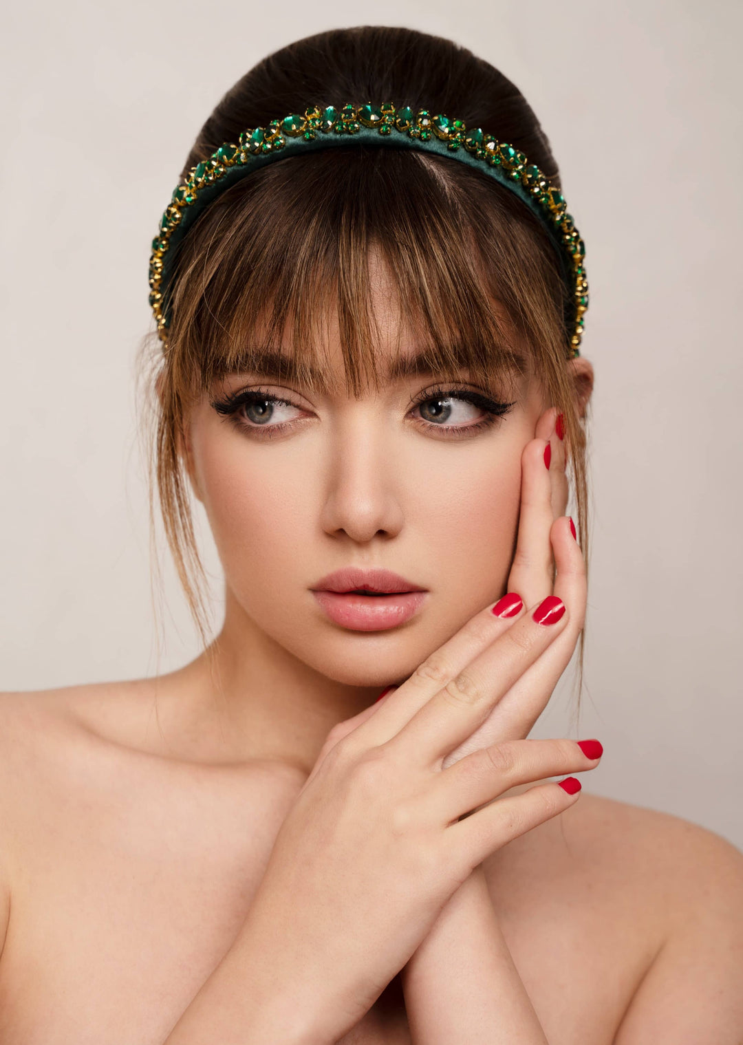 Lauren crystal bridal headband in hot pink, hand-stitched rhinestones on gold settings, Luvertta
