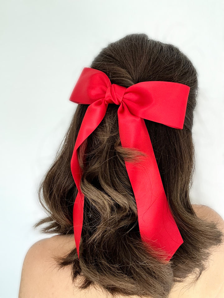 Charlotte hand-tied satin bow barrette in red, Luvertta