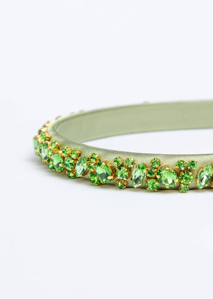 Lauren crystal bridal headband in evergreen, hand-stitched rhinestones on gold settings, Luvertta