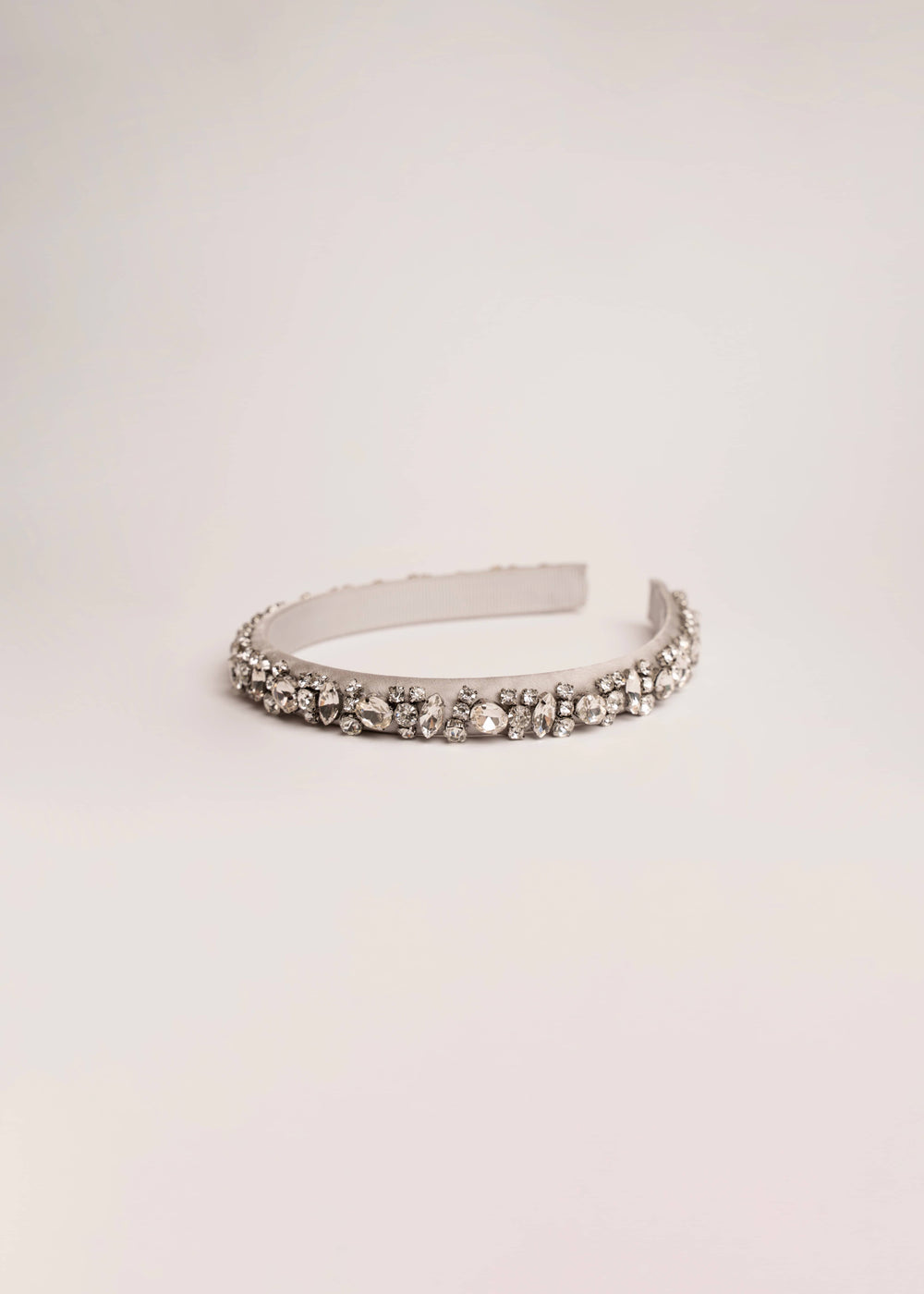 Lauren crystal bridal headband in silver, hand-stitched rhinestones on gold settings, Luvertta