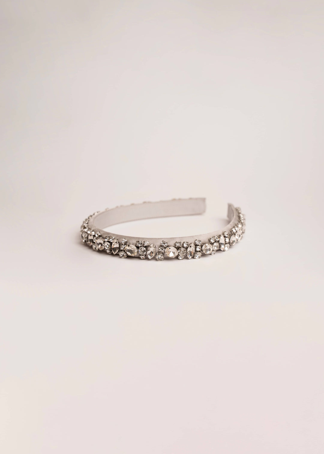 Lauren crystal bridal headband in silver, hand-stitched rhinestones on gold settings, Luvertta