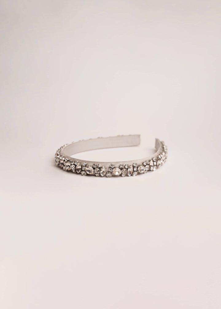 Lauren crystal bridal headband in silver, hand-stitched rhinestones on gold settings, Luvertta