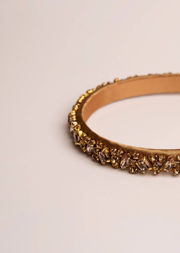 Lauren crystal bridal headband in pale gold, hand-stitched rhinestones on gold settings, Luvertta