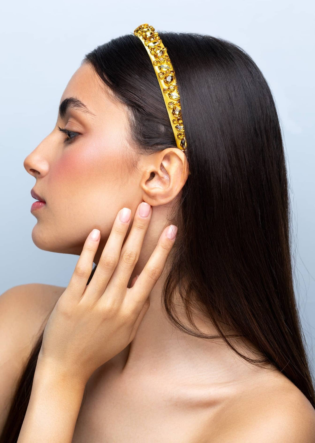 Lauren crystal bridal headband in evergreen, hand-stitched rhinestones on gold settings, Luvertta