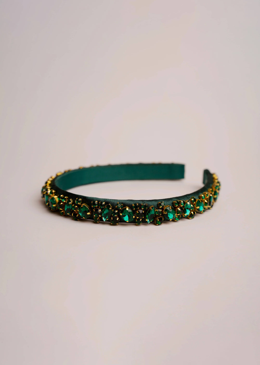 Lauren crystal bridal headband in evergreen, hand-stitched rhinestones on gold settings, Luvertta