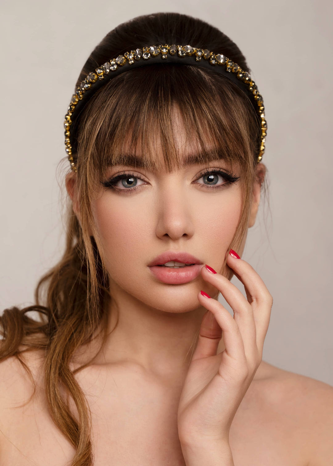 Lauren crystal bridal headband in galaxy black, hand-stitched rhinestones on gold settings, Luvertta