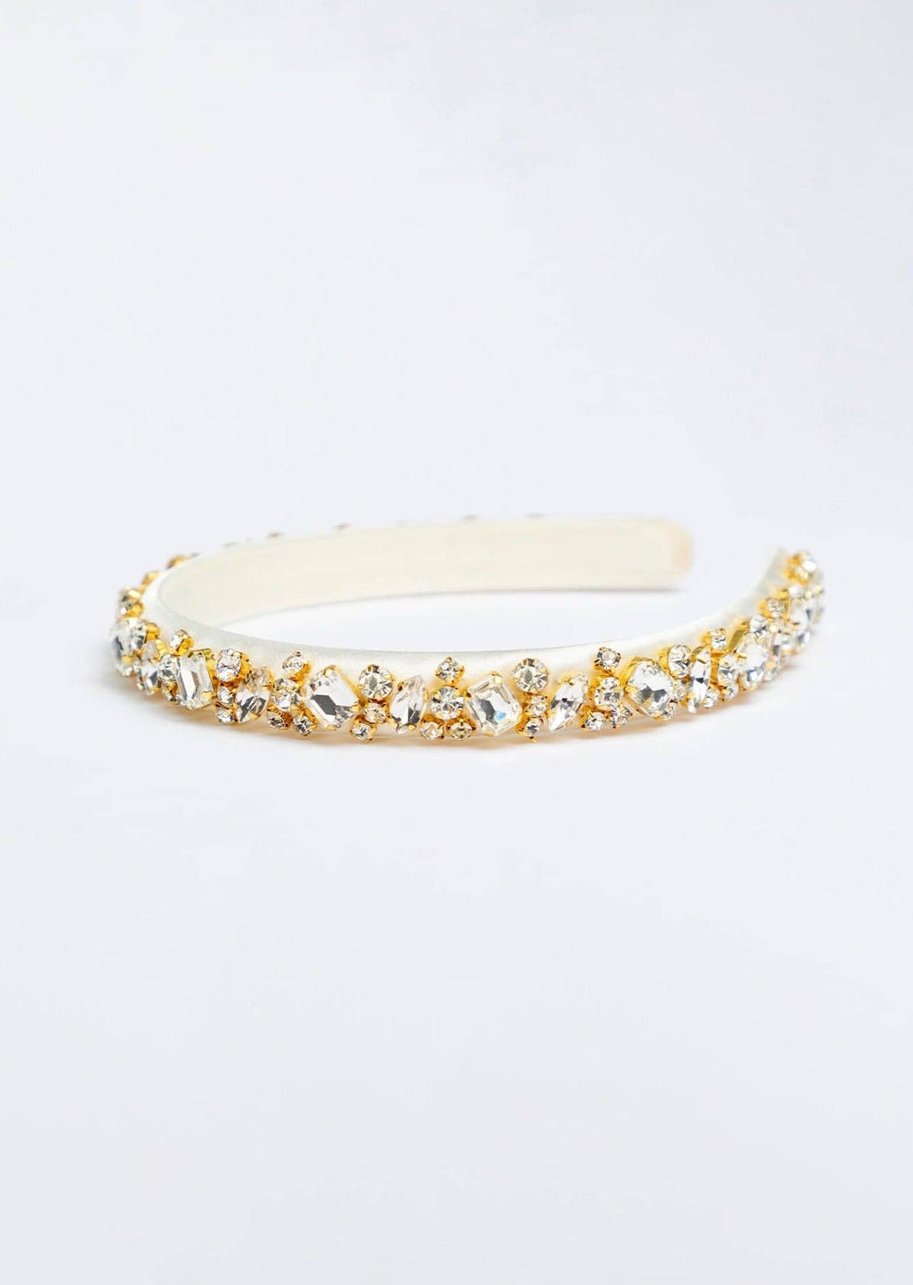 Lauren crystal bridal headband in off-white, hand-stitched rhinestones on gold settings, Luvertta