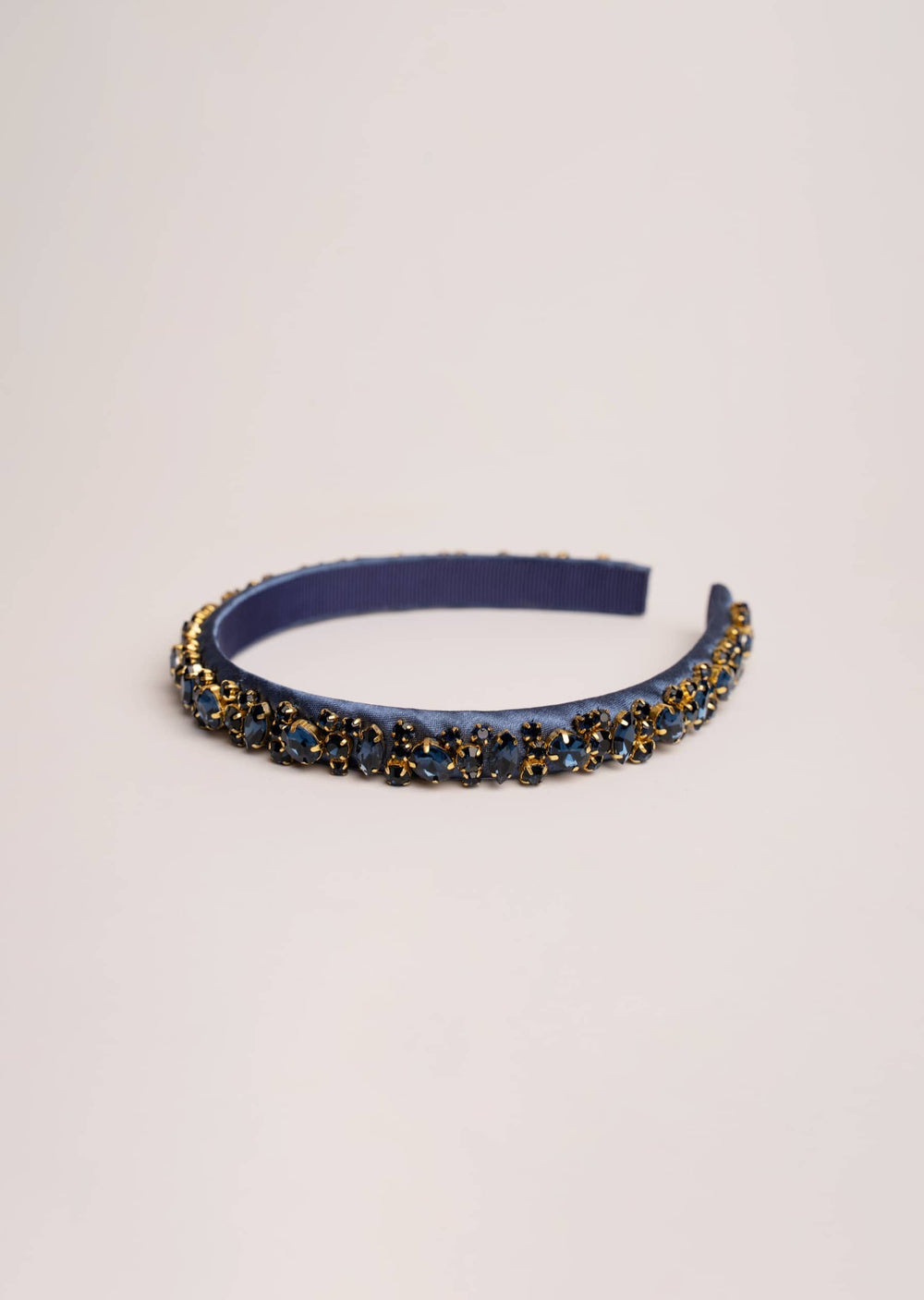 Lauren crystal bridal headband in navy blue, hand-stitched rhinestones on gold settings, Luvertta
