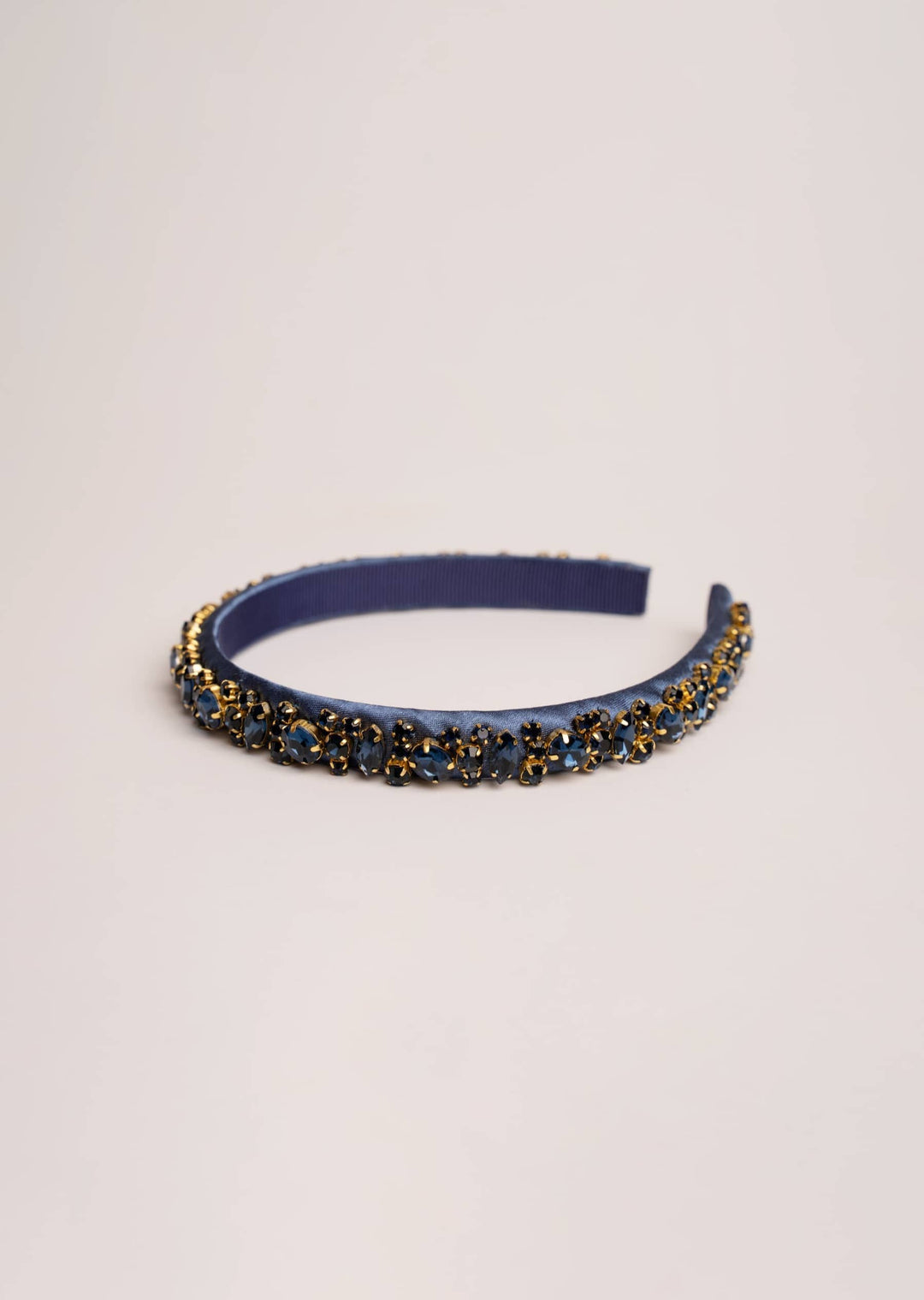Lauren crystal bridal headband in navy blue, hand-stitched rhinestones on gold settings, Luvertta