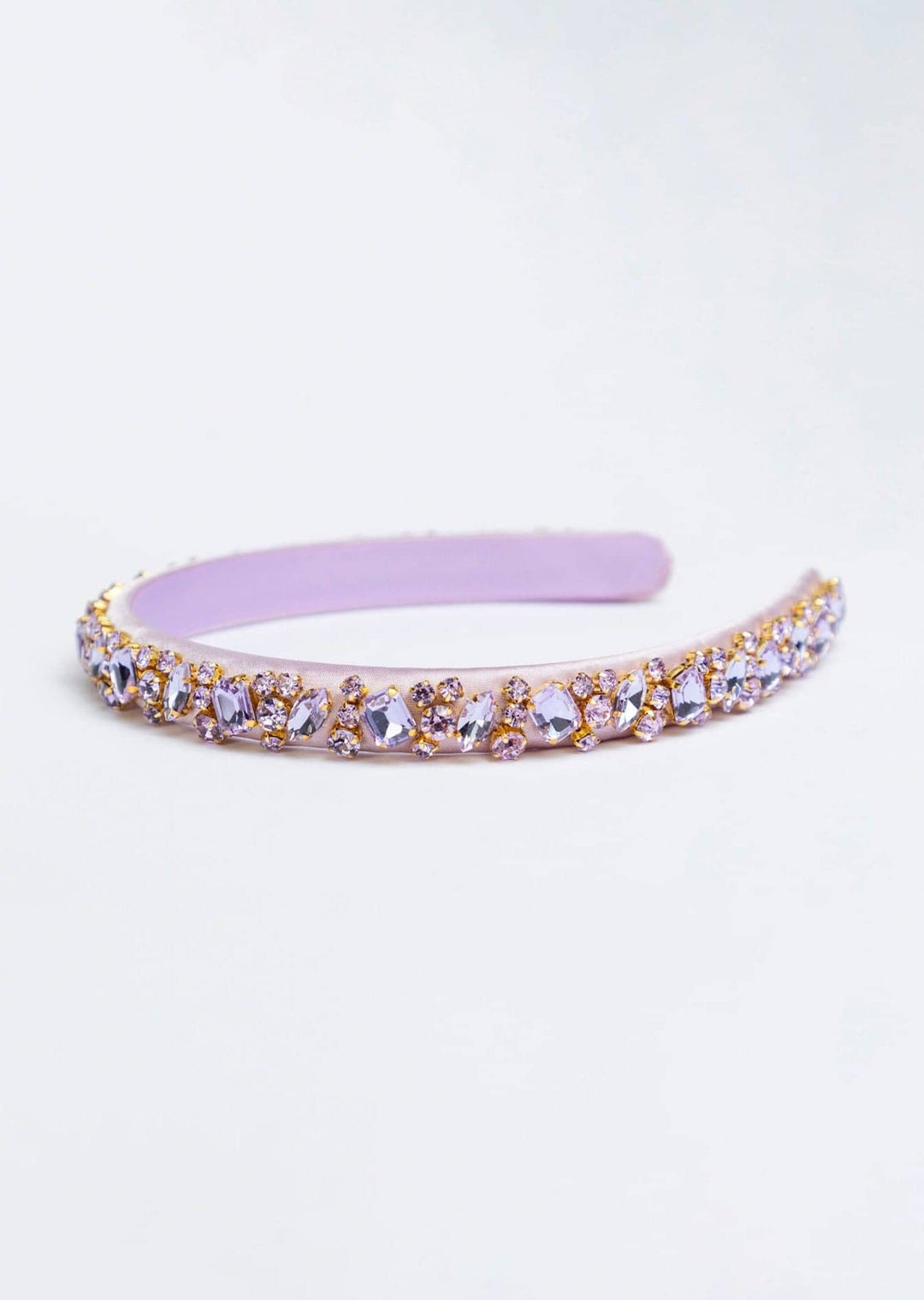 Lauren crystal bridal headband in lilac, hand-stitched rhinestones on gold settings, Luvertta