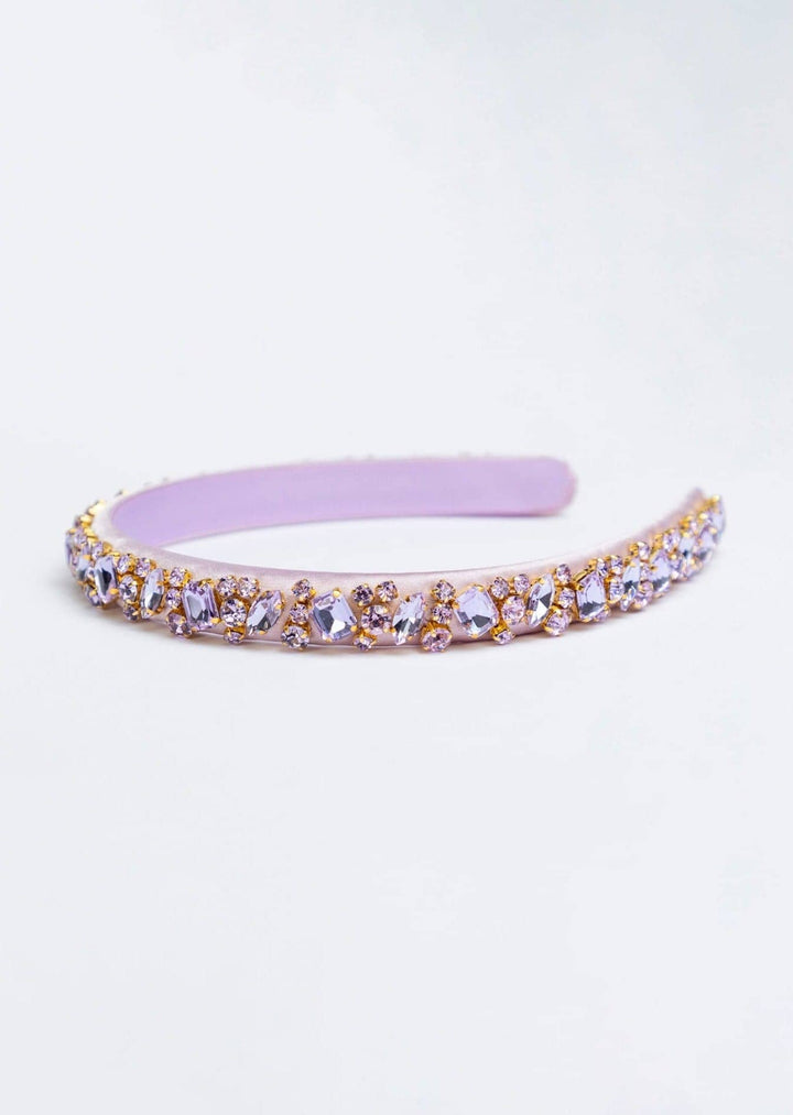 Lauren crystal bridal headband in lilac, hand-stitched rhinestones on gold settings, Luvertta