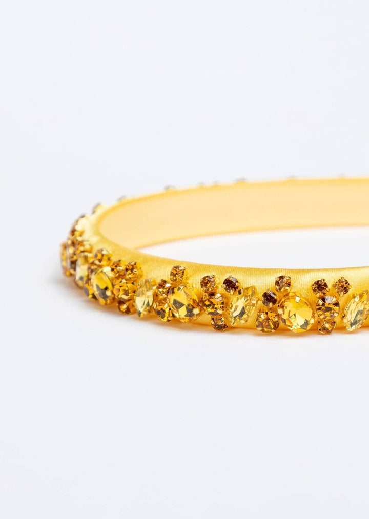 Lauren crystal bridal headband in tuscany yellow, hand-stitched rhinestones on gold settings, Luvertta