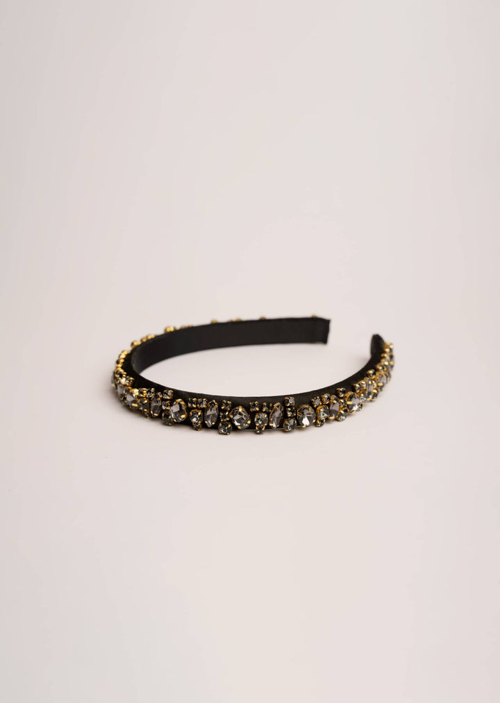 Lauren crystal bridal headband in jade green, hand-stitched rhinestones on gold settings, Luvertta