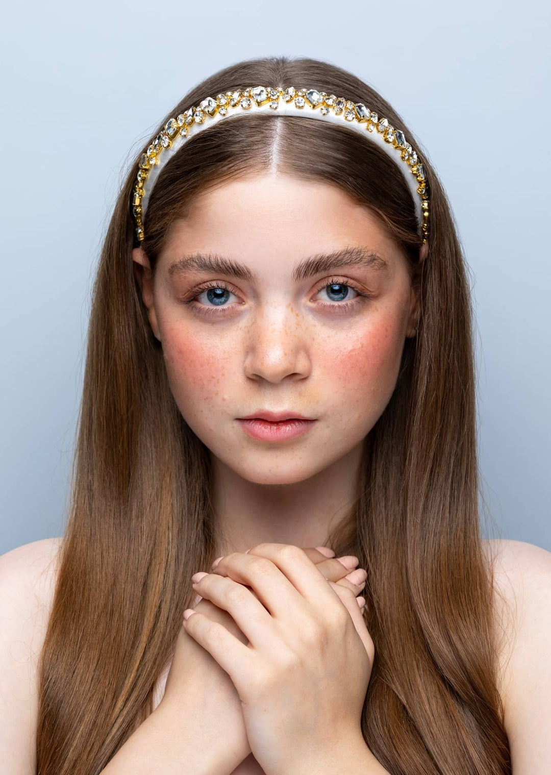 Lauren crystal bridal headband in tuscany yellow, hand-stitched rhinestones on gold settings, Luvertta