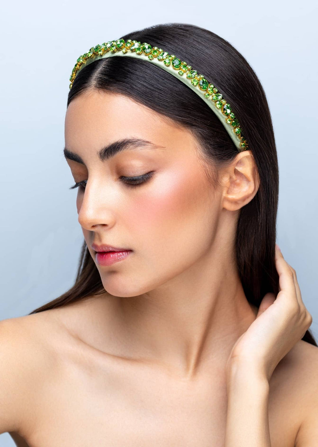 Lauren crystal bridal headband in pale gold, hand-stitched rhinestones on gold settings, Luvertta