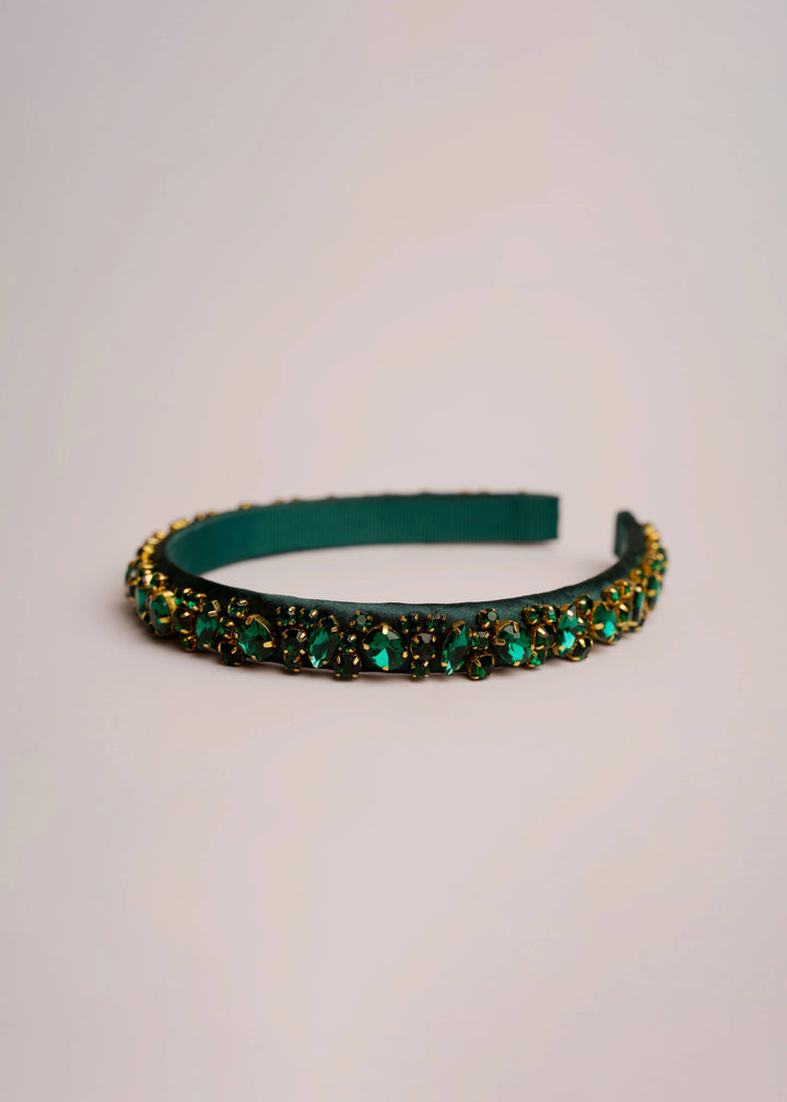 Lauren crystal bridal headband in galaxy black, hand-stitched rhinestones on gold settings, Luvertta