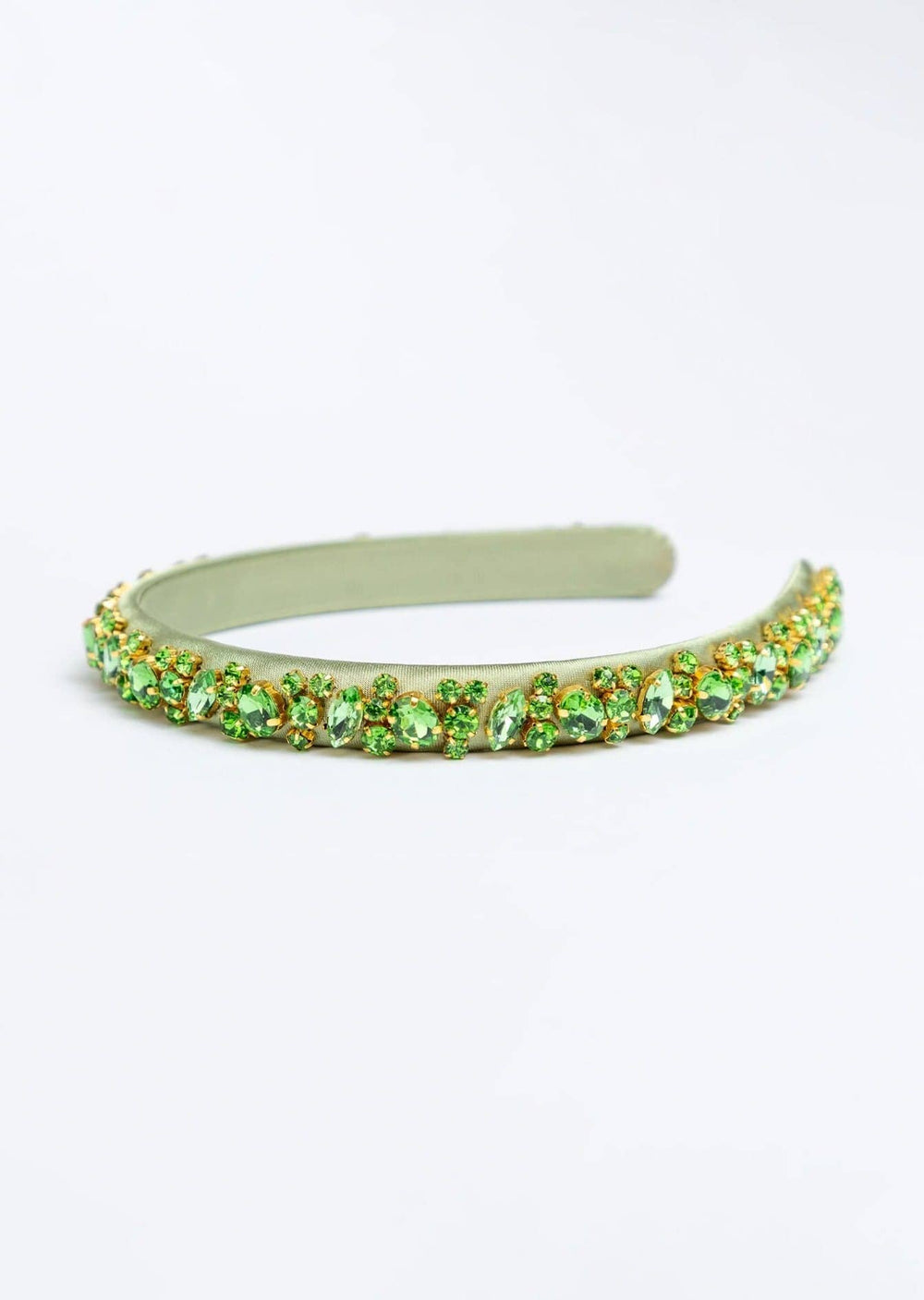 Lauren crystal bridal headband in jade green, hand-stitched rhinestones on gold settings, Luvertta